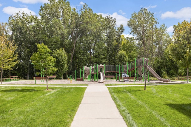 view of jungle gym with a yard