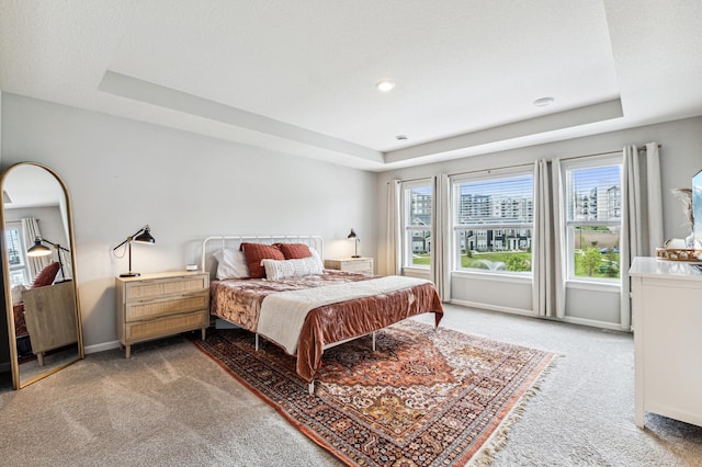 14592 Twin Lakes Cir, Burnsville, MN 55306 - bedroom with a tray ceiling, baseboards, light colored carpet, and recessed lighting