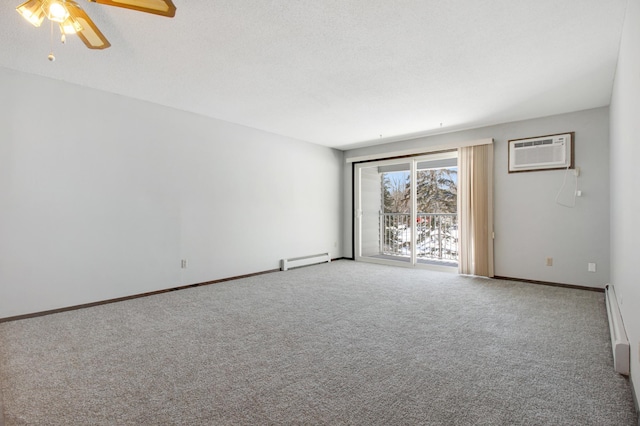 carpeted spare room with ceiling fan, baseboard heating, and a wall mounted air conditioner