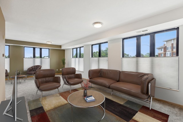 living area featuring visible vents and baseboards