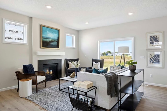 living room with a wealth of natural light, a textured ceiling, and light wood-type flooring