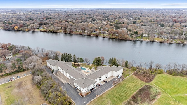 bird's eye view with a water view