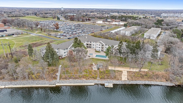 bird's eye view with a water view