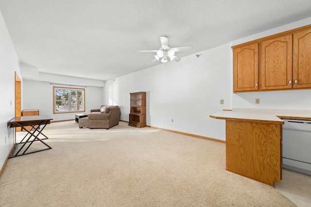 interior space with ceiling fan, light carpet, and a textured ceiling