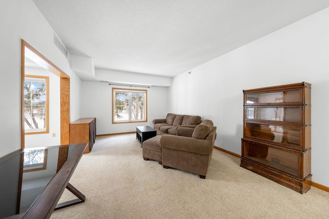 carpeted living room featuring a textured ceiling