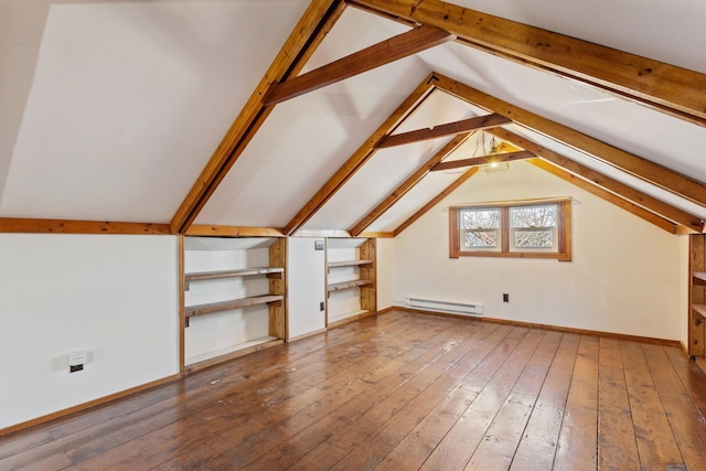 bonus room featuring a baseboard radiator, lofted ceiling, and hardwood / wood-style flooring