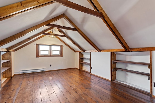 bonus room with dark hardwood / wood-style flooring, a baseboard radiator, and vaulted ceiling