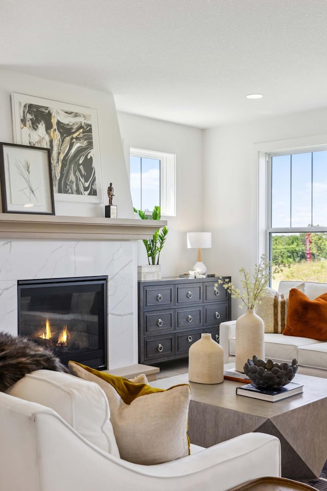 living room featuring a high end fireplace