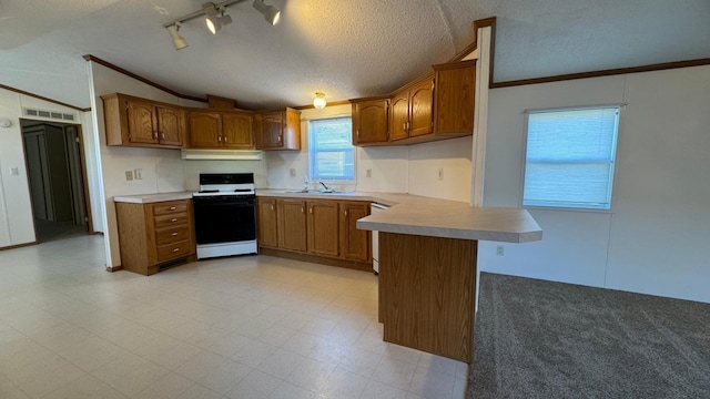 kitchen featuring a breakfast bar, lofted ceiling, a textured ceiling, gas range gas stove, and kitchen peninsula