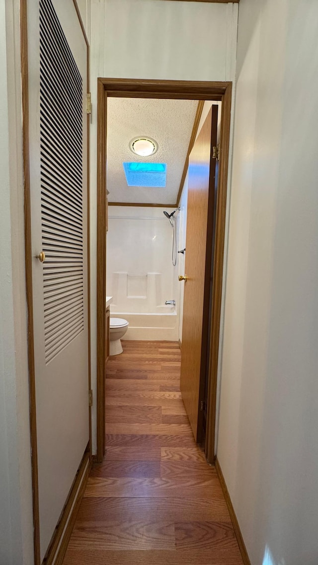 hallway featuring hardwood / wood-style floors and a textured ceiling