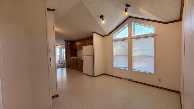 kitchen with white fridge, a textured ceiling, a wealth of natural light, and vaulted ceiling