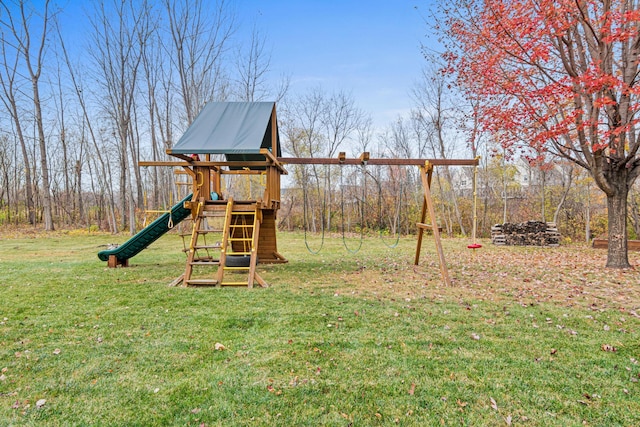 view of playground with a lawn