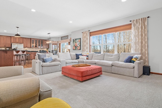 living room with light colored carpet