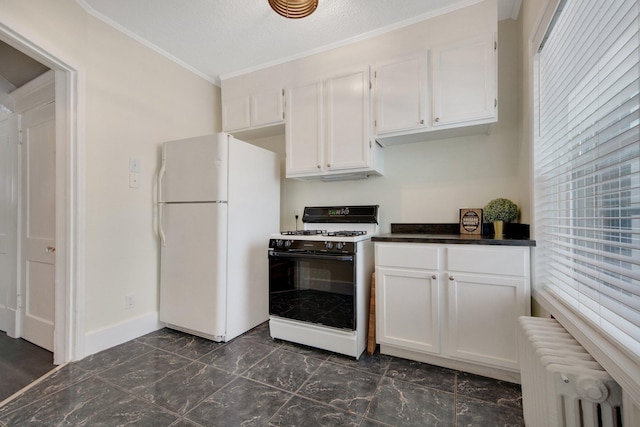 kitchen featuring white cabinetry, radiator heating unit, a textured ceiling, white appliances, and ornamental molding