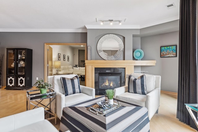 living room featuring ornamental molding, light wood-type flooring, and a fireplace