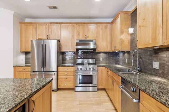 kitchen featuring sink, light hardwood / wood-style flooring, ornamental molding, appliances with stainless steel finishes, and dark stone counters