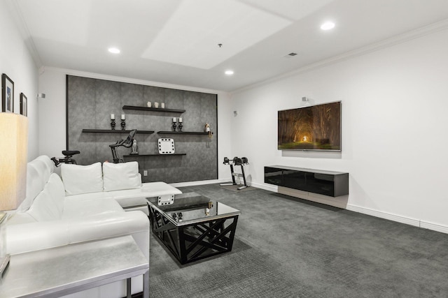 carpeted living room featuring ornamental molding