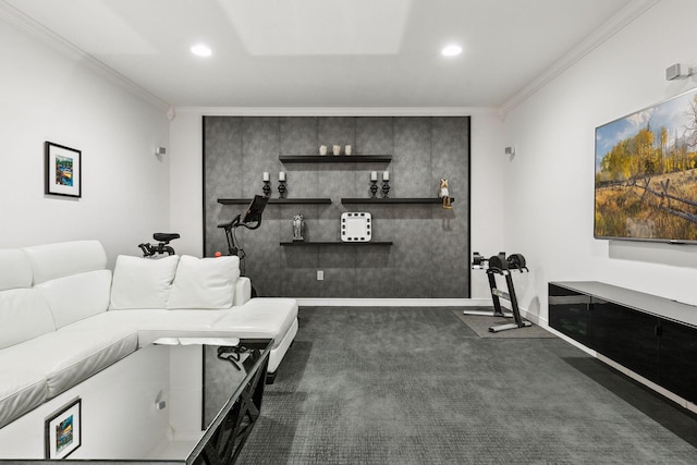 living room with dark carpet and crown molding