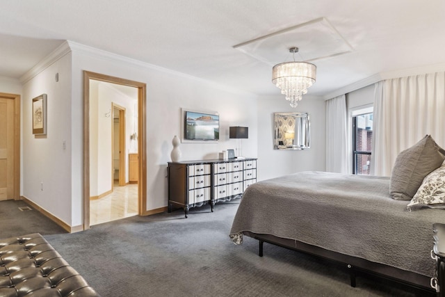 bedroom with crown molding, carpet floors, and a chandelier