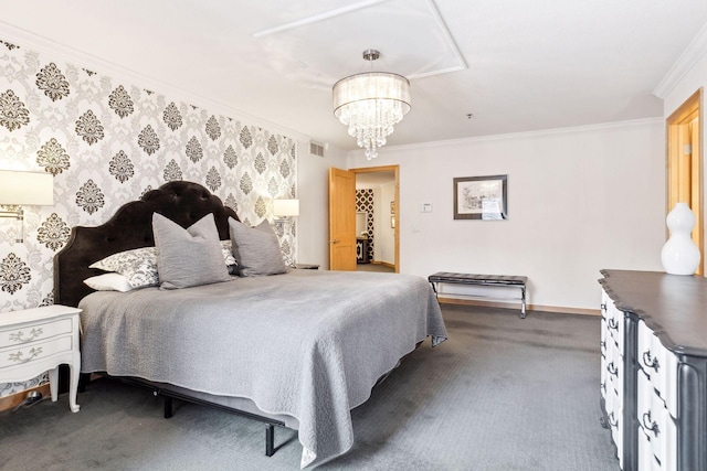 carpeted bedroom with ornamental molding and a notable chandelier