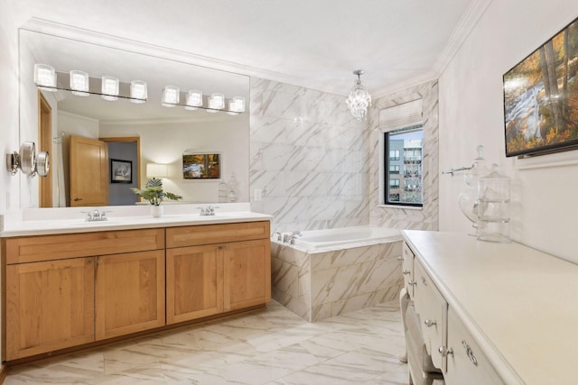 bathroom featuring a relaxing tiled tub, ornamental molding, an inviting chandelier, and vanity