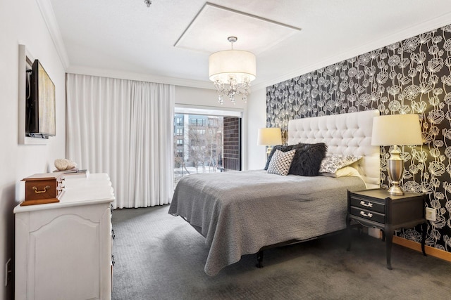 bedroom with ornamental molding, carpet floors, and a notable chandelier