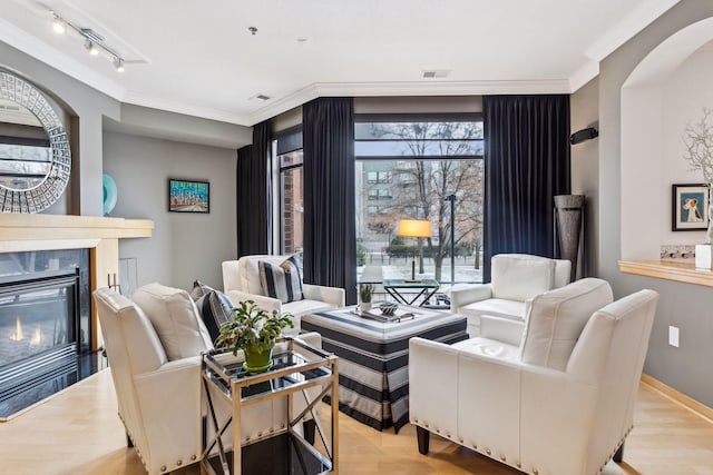 187 Sherman St, Saint Paul, MN 55102 - living room featuring track lighting, crown molding, a glass covered fireplace, arched walkways, and baseboards