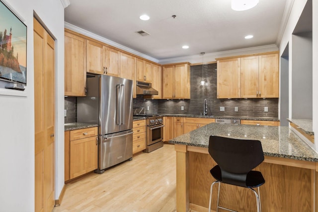 187 Sherman St, Saint Paul, MN 55102 - kitchen with appliances with stainless steel finishes, under cabinet range hood, a sink, decorative backsplash, and crown molding