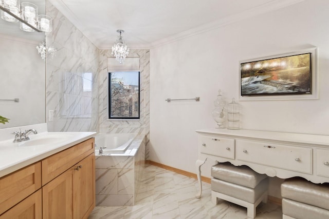 187 Sherman St, Saint Paul, MN 55102 - bathroom with a chandelier, vanity, a bath, marble finish floors, and ornamental molding