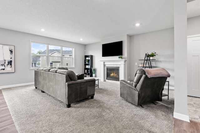 living room featuring a fireplace, wood-type flooring, and a textured ceiling