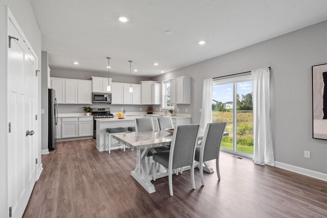 dining area featuring sink, a textured ceiling, and hardwood / wood-style flooring