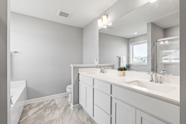 full bathroom with shower with separate bathtub, vanity, and toilet