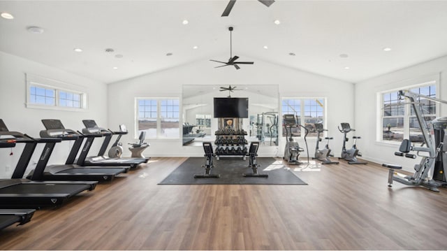 exercise room featuring ceiling fan, wood-type flooring, and vaulted ceiling