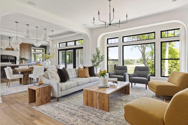 living room with a raised ceiling and light hardwood / wood-style flooring