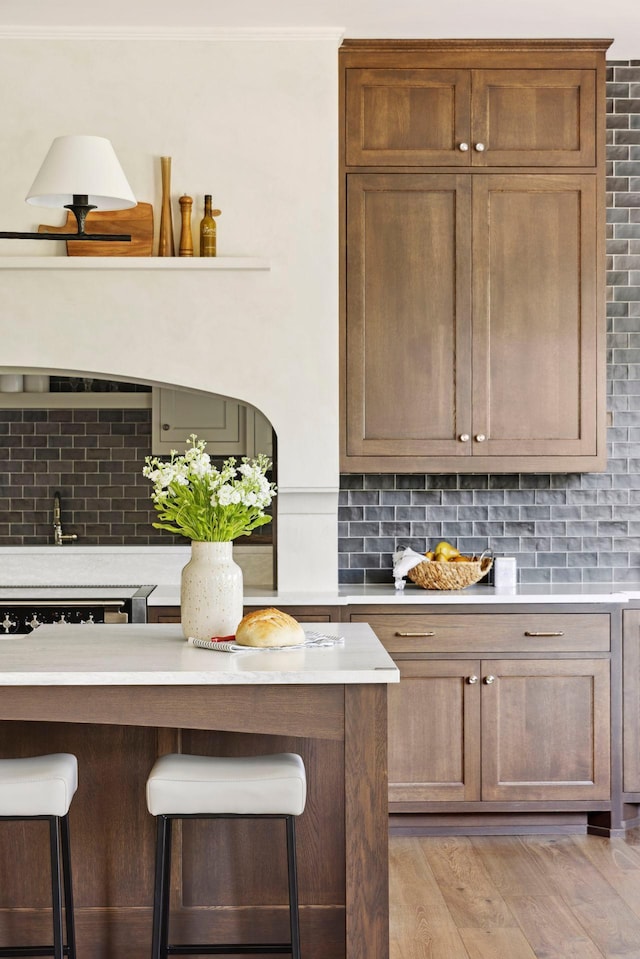 interior space with tasteful backsplash and light wood-type flooring