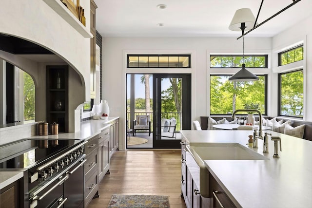 kitchen featuring dark brown cabinetry, stainless steel range, pendant lighting, and dark hardwood / wood-style flooring