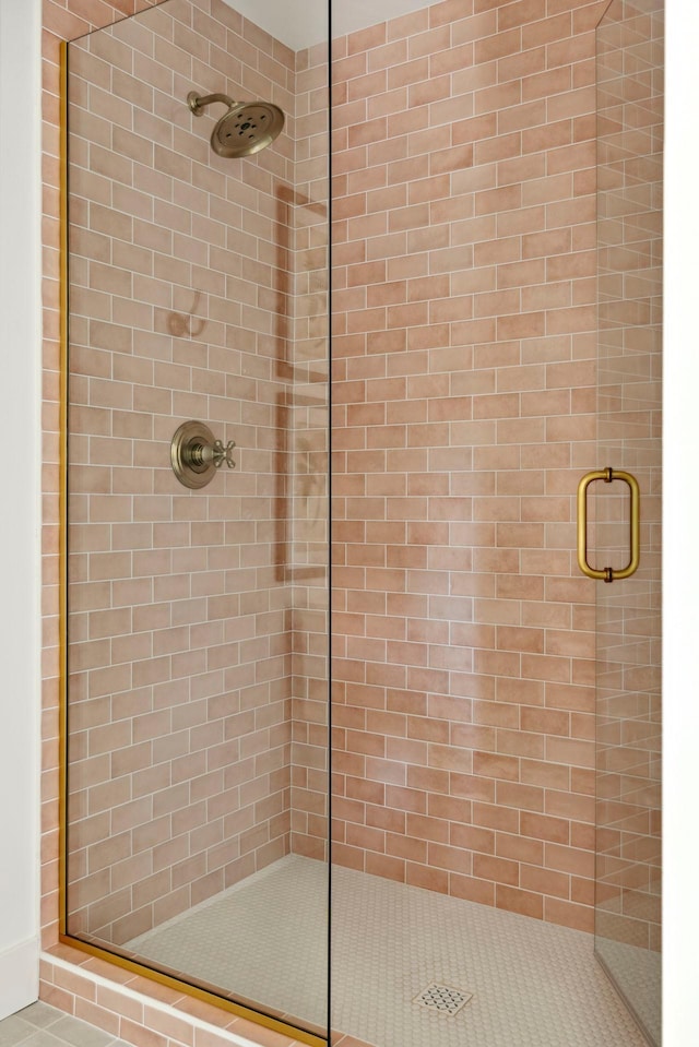 bathroom featuring tile patterned flooring and a shower with shower door