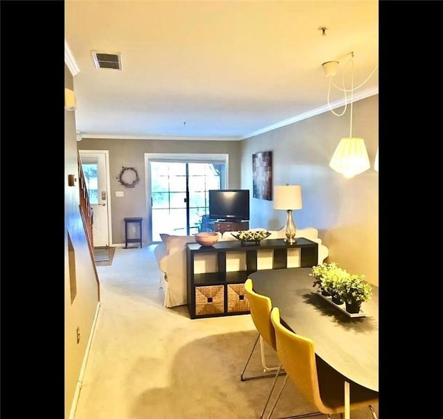 living room featuring light carpet and ornamental molding