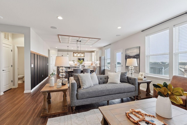 living room with dark hardwood / wood-style floors and sink