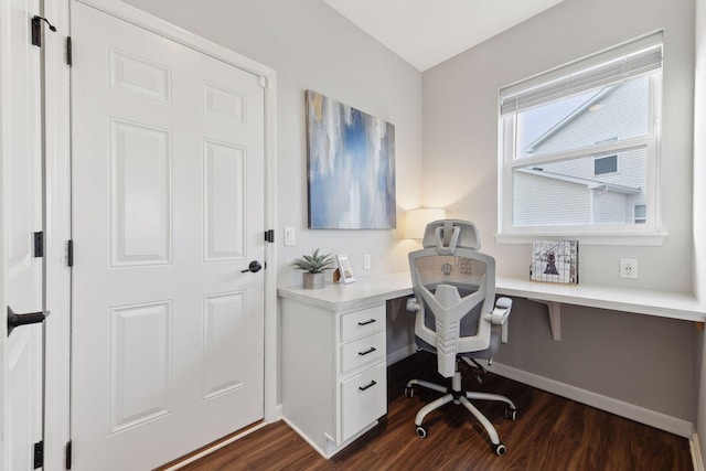 home office with built in desk and dark hardwood / wood-style floors