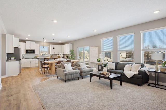 living area with a healthy amount of sunlight, light wood-style floors, and a textured ceiling