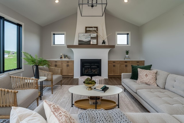 living room with hardwood / wood-style floors, a healthy amount of sunlight, and lofted ceiling