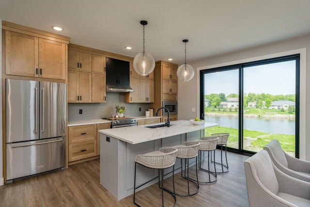 kitchen with sink, stainless steel appliances, tasteful backsplash, an island with sink, and a water view