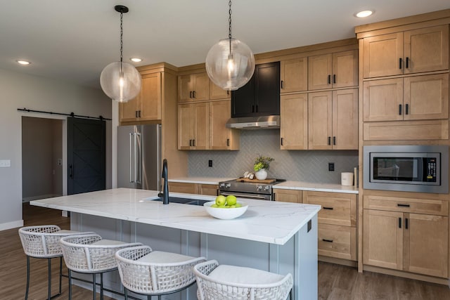 kitchen with a center island with sink, a barn door, sink, and stainless steel appliances