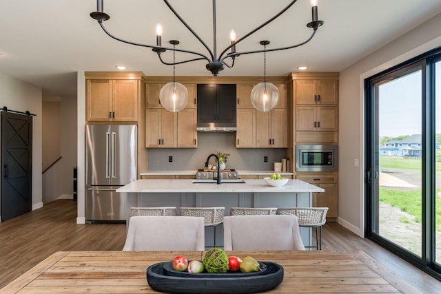 kitchen with decorative backsplash, stainless steel appliances, a center island with sink, light hardwood / wood-style floors, and hanging light fixtures