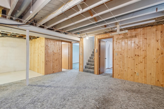 basement with carpet floors and wooden walls