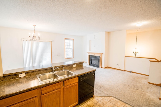 kitchen featuring sink, a chandelier, black dishwasher, pendant lighting, and light colored carpet