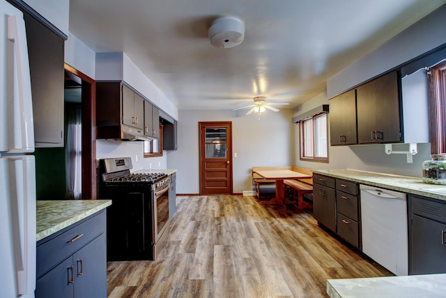 kitchen with ceiling fan, light wood-type flooring, dishwasher, and gas stove