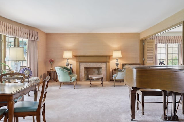 living area with light colored carpet