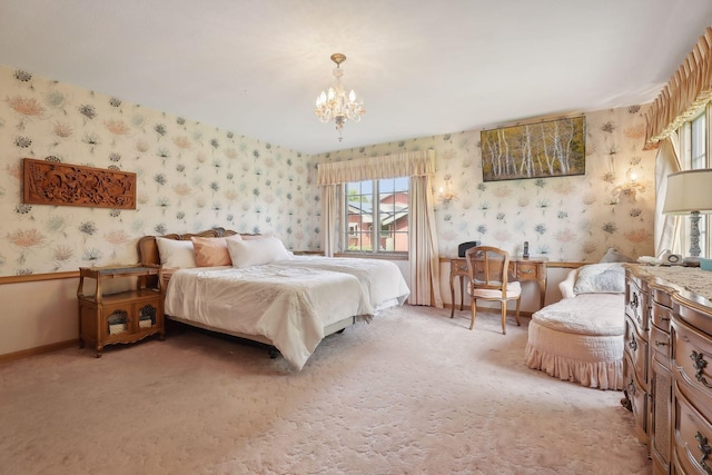 bedroom featuring light carpet and a notable chandelier